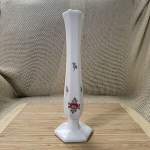 Vintage 60s Hand Painted Milk Glass Bud Vase 9" Hexagonal Base Pink Rose Floral